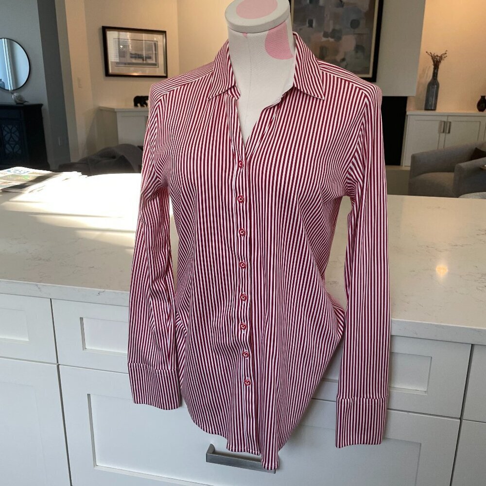 Desoto Eve Collared V Neck Striped Button Down Cotton Blouse Red Wht Sz 36 NWOT
